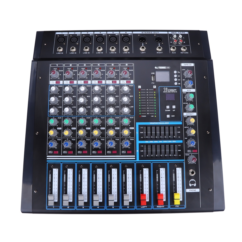 New arrival power mixer USB console buildin power amplifier 6 channel