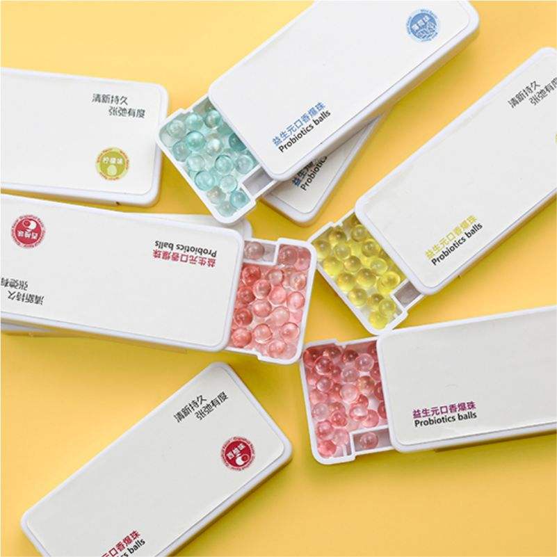 Oral popping beads, breath freshening pills, portable candies, mint