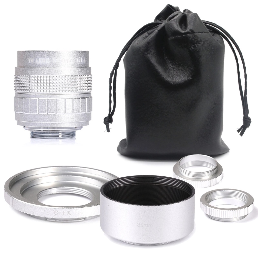 Silver Fujian 50mm F1 4 CCTV TV Camera Lens C FX Lens Hood For Fujifilm X Mount Mirroless