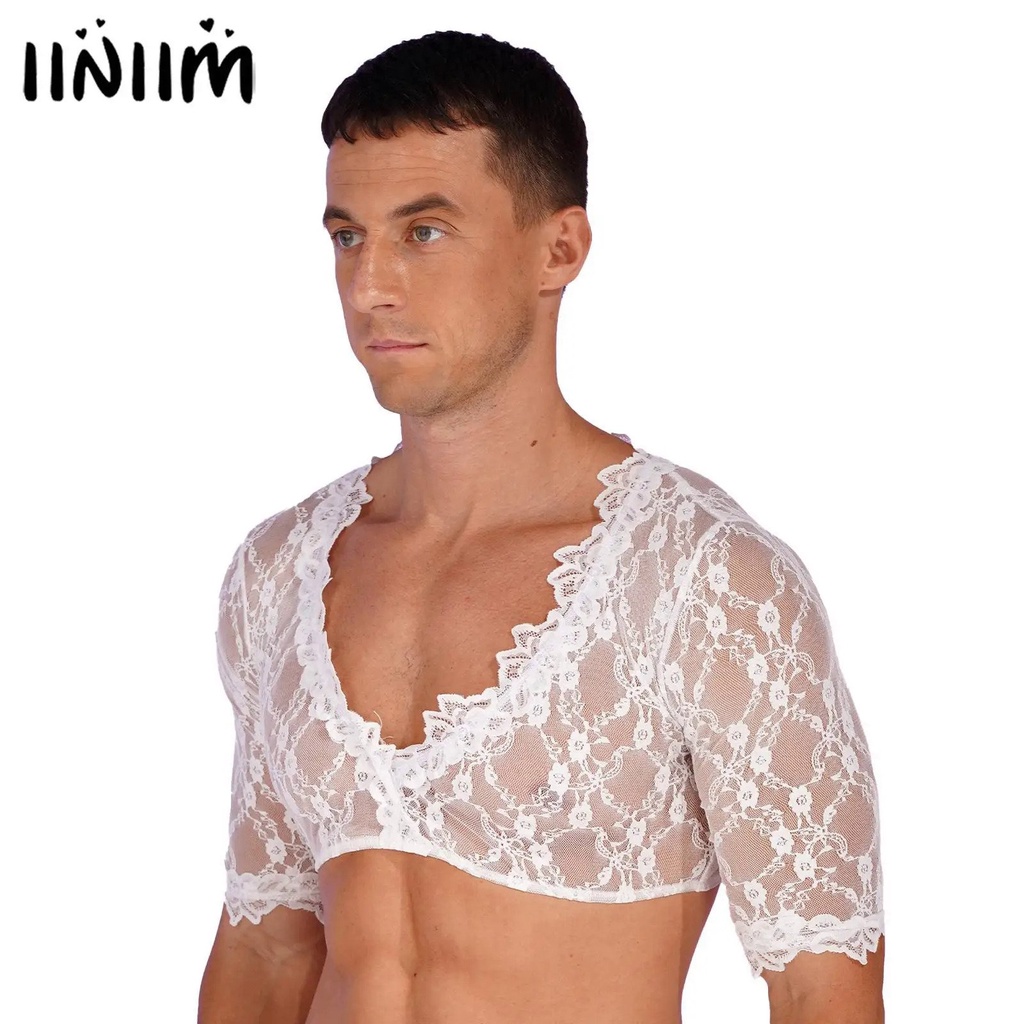 ♀Mens Sheer Lace Pullover Blouse Crop Top Sissy CrossDresser Transvestite Costume Deep VNeck
