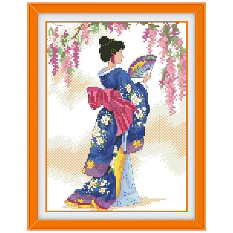 ☑Elegant geisha cross stitch kits beauty aida fabric 18ct 14ct 11ct