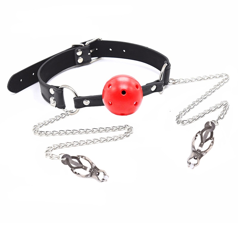 Erotic Pu Leather Mouth Gag Ball Oral Sex With Chain Clip Breast Nipple Clamps Fetish Bondage 8361