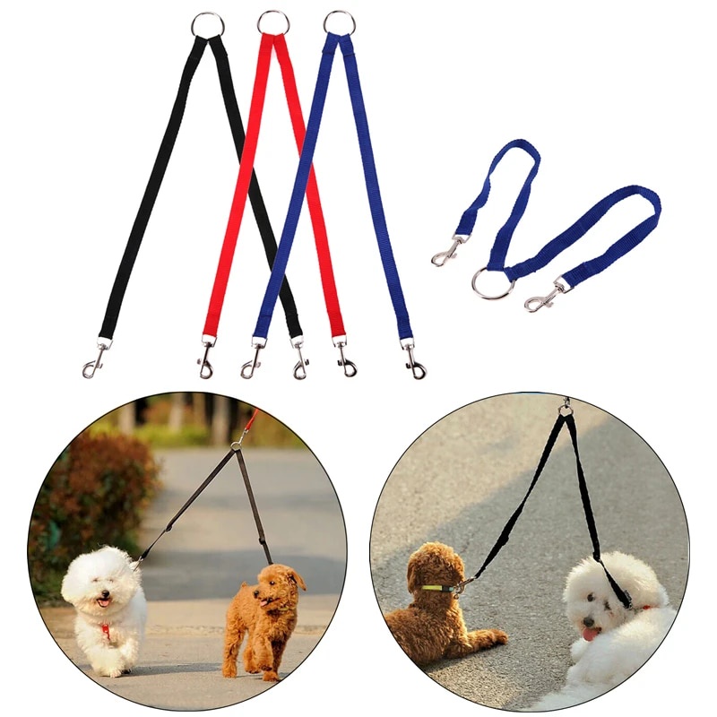 ♠Nylon Walking Dog Double Leashes Puppy Dog 2 Way Collar Leash Couple