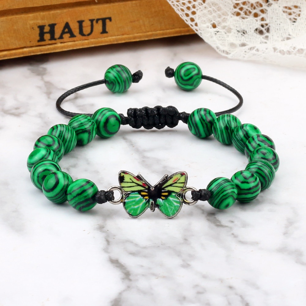 ♥adjustable Green Butterfly Bracelets&bangles 8mm Natural Stone 