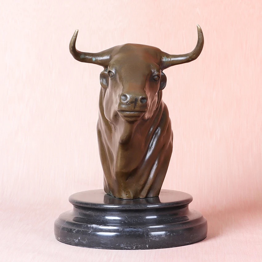 Bronze Bull Head Statue Lucky Animal Bust Sculpture Art Figurine Office