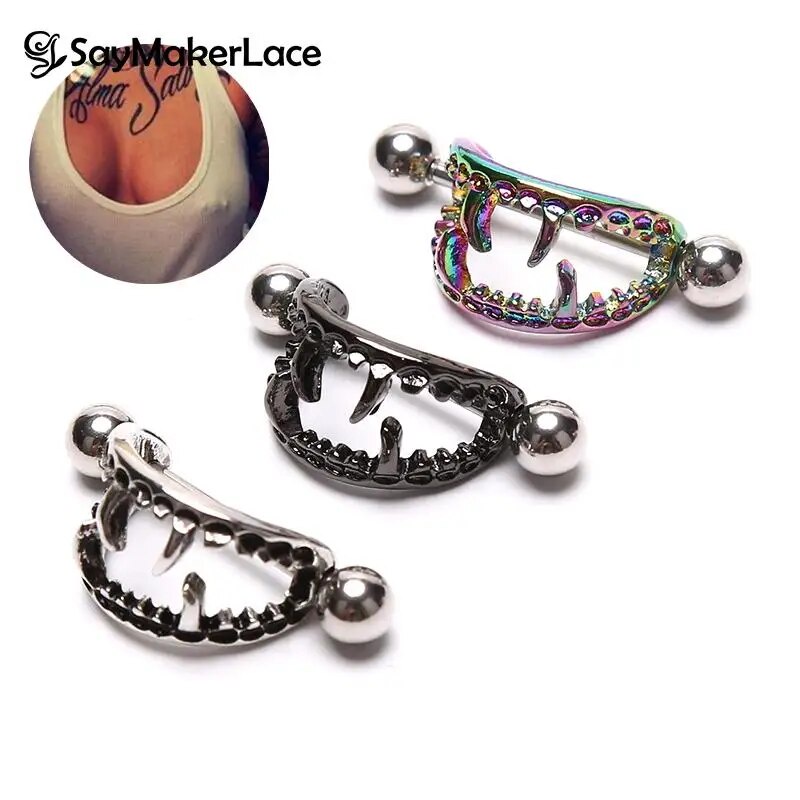 ☂1/3PCS Sexy Teeth Nipple Ring Shield Cover Barbell Nipple Piercing Bar