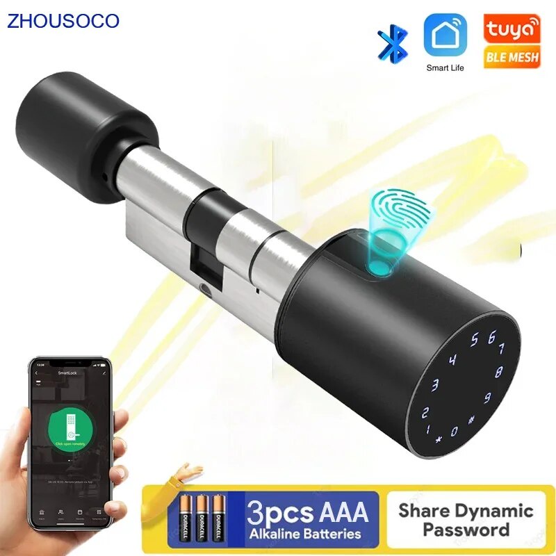 Tuya Bluetooth Euro Cylinder Smart Lock Fingerprint Biometric Electronic Door Lock APP password