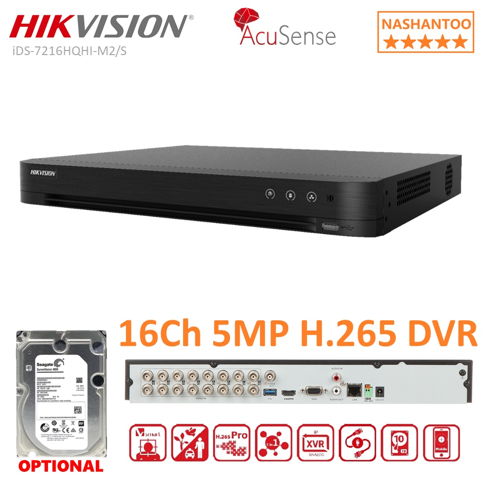 HIKVISION iDS-7216HQHI-M2/S 16Channel 5MP H.265 DVR, 2 HDD Slot, Audio ...