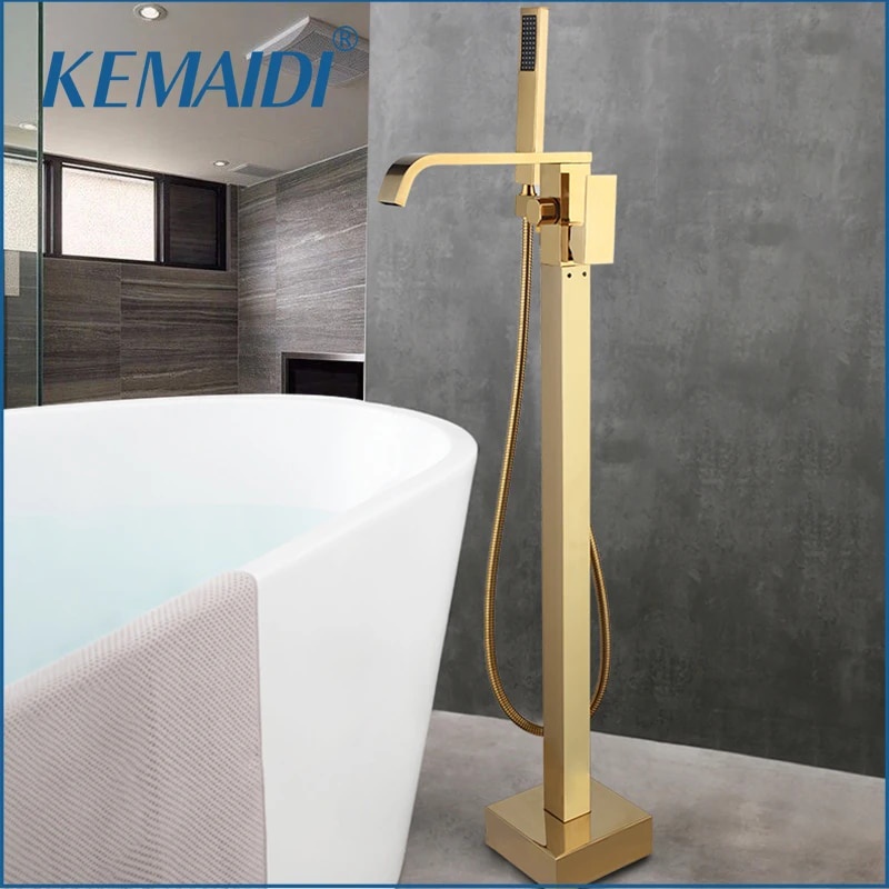 Kemaidi Gold Plated Bathtub Shower Faucet Sets Floor Mounted Solid Brass Floor Stand Free