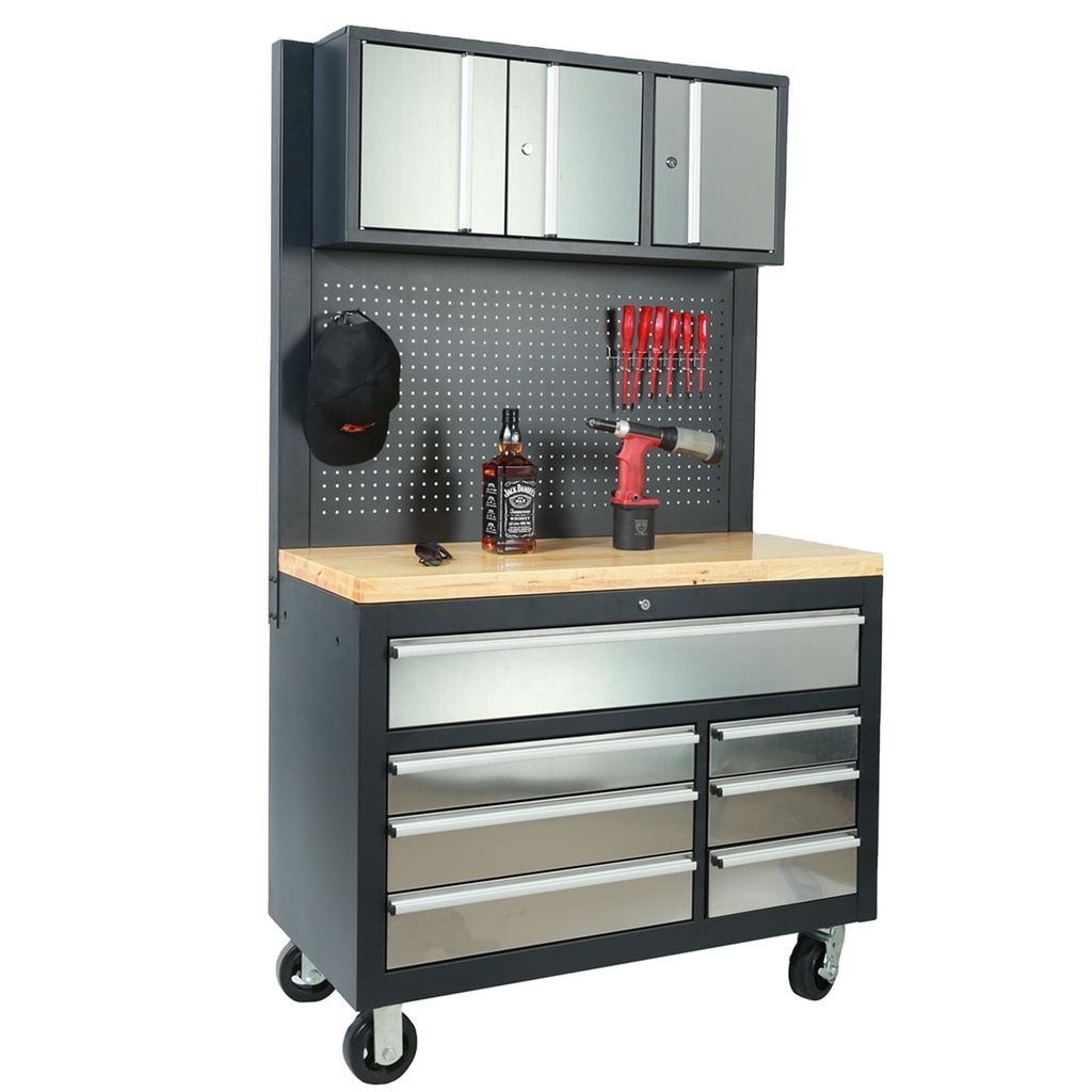 customized tool with wooden worktop for garage gray tool