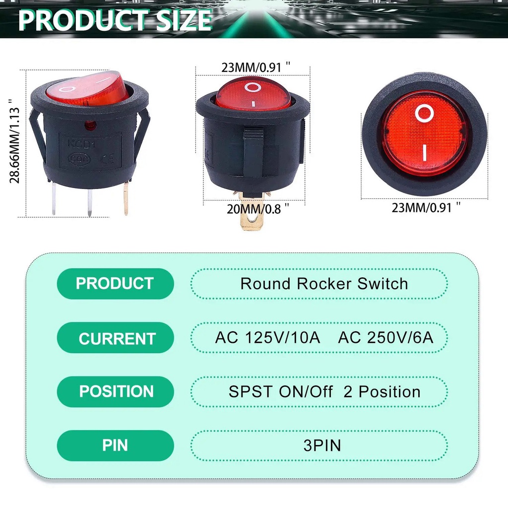 thumbnail image 2 of 10-Pack Mini Round Black Rocker Switches - 3 Pin SPDT ON-OFF-ON, Snap-in Mount For Car/Boat 2 of 12