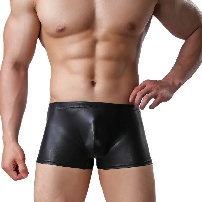 23w Sexy Men Pu Faux Leather Underwear Boxers Shiny Cool Men U Convex