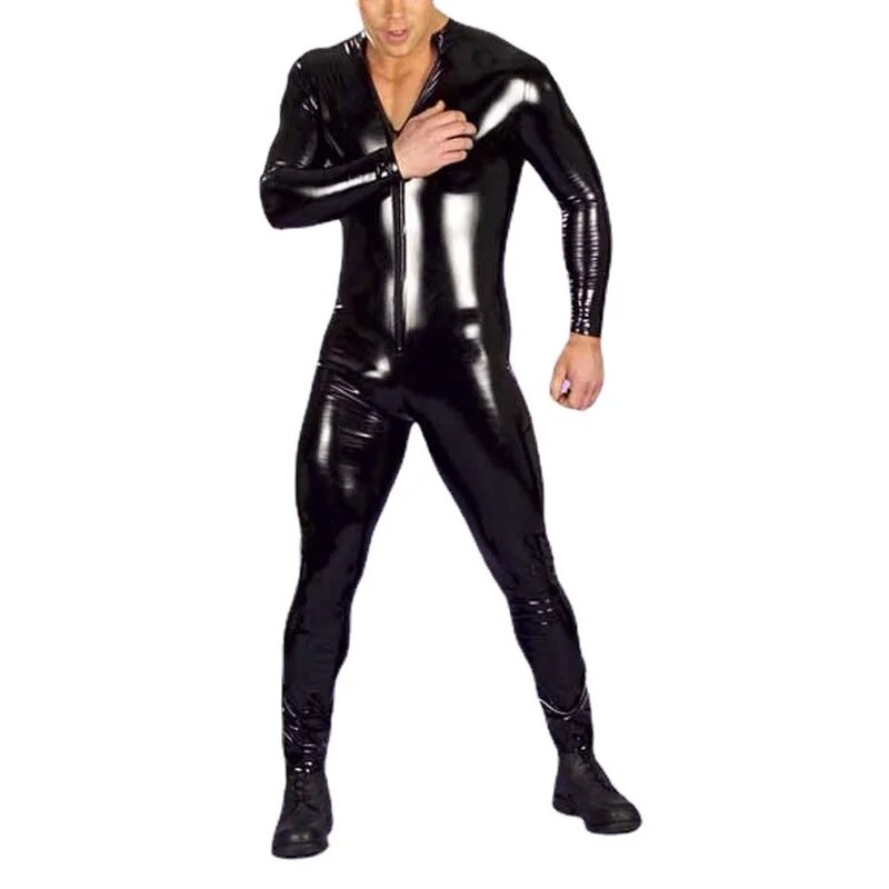 79d Pu Leather Men Sexy Bodysuit Faux Latex Male Erotic Jumpsuit Club