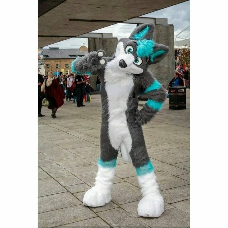 Long Fur Blue Grey Wolf Husky Dog Mascot Costume Furry Suits Party Game ...