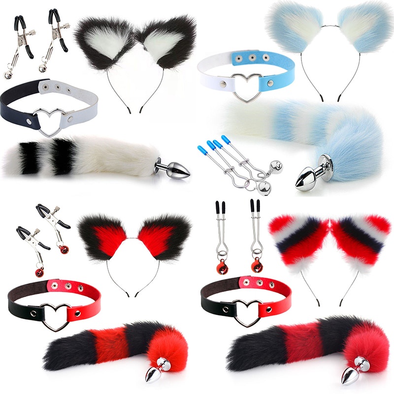 ☭anal Sex Toys Fox Tail Butt Plug Sexy Plush Cat Ear Headband With Leather Necklace Set Massage