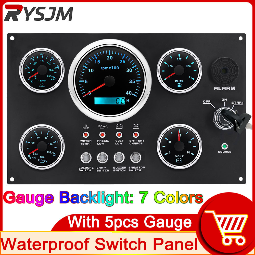 ☮5 Gauge Set Switch Panel 12V 24V 4 Button Panel Light Toggle Gauge For ...