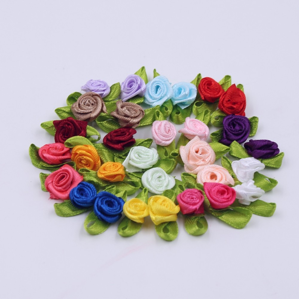 50pcs Mini Satin Ribbon Flowers Silk Rose Head Ribbon DIY Wedding Bow ...