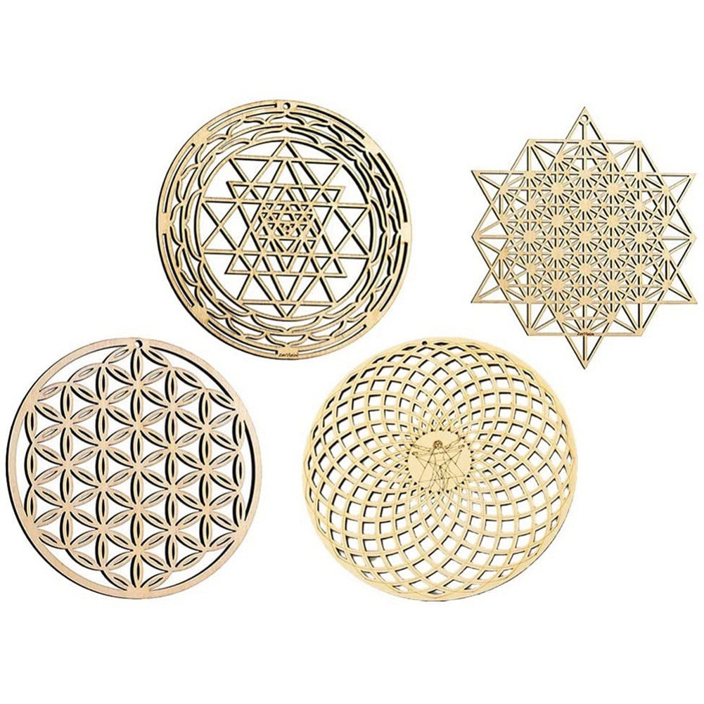 ♣4Pcs Sacred Geometry Wall Art Flower of Life Grid Wooden Accent Decor ...