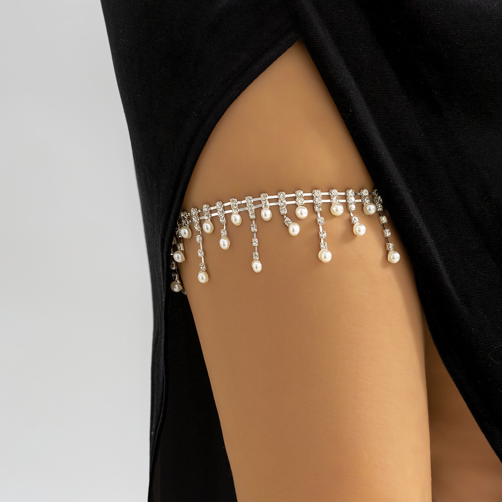 IngeSight.Z Sexy Full Rhinestones Imitation Pearl Tassel Leg Thigh ...