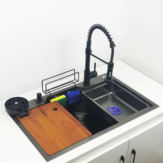 Waterfall Sink Kitchen Nano Sinks With Chopping Board Rack Gun Gray 