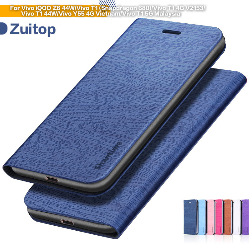 ♞Wood grain PU Phone Case For Vivo iQOO Z6 44W Flip Case For Vivo T1