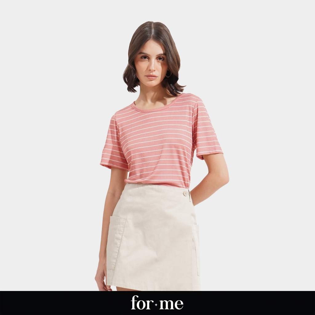 ForMe Striped Ribbed Tee T-Shirt for Women (Old Rose) | Shopee Philippines