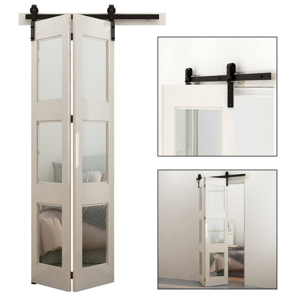 ⋌CCJH BiFolding Sliding Barn Door Hardware Kit Heavy Duty Roller Track