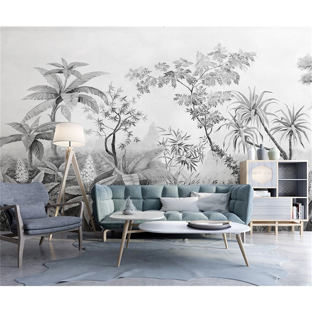 Custom wallpaper Black and white Tropical Rainforest Plant Forest Mural ...