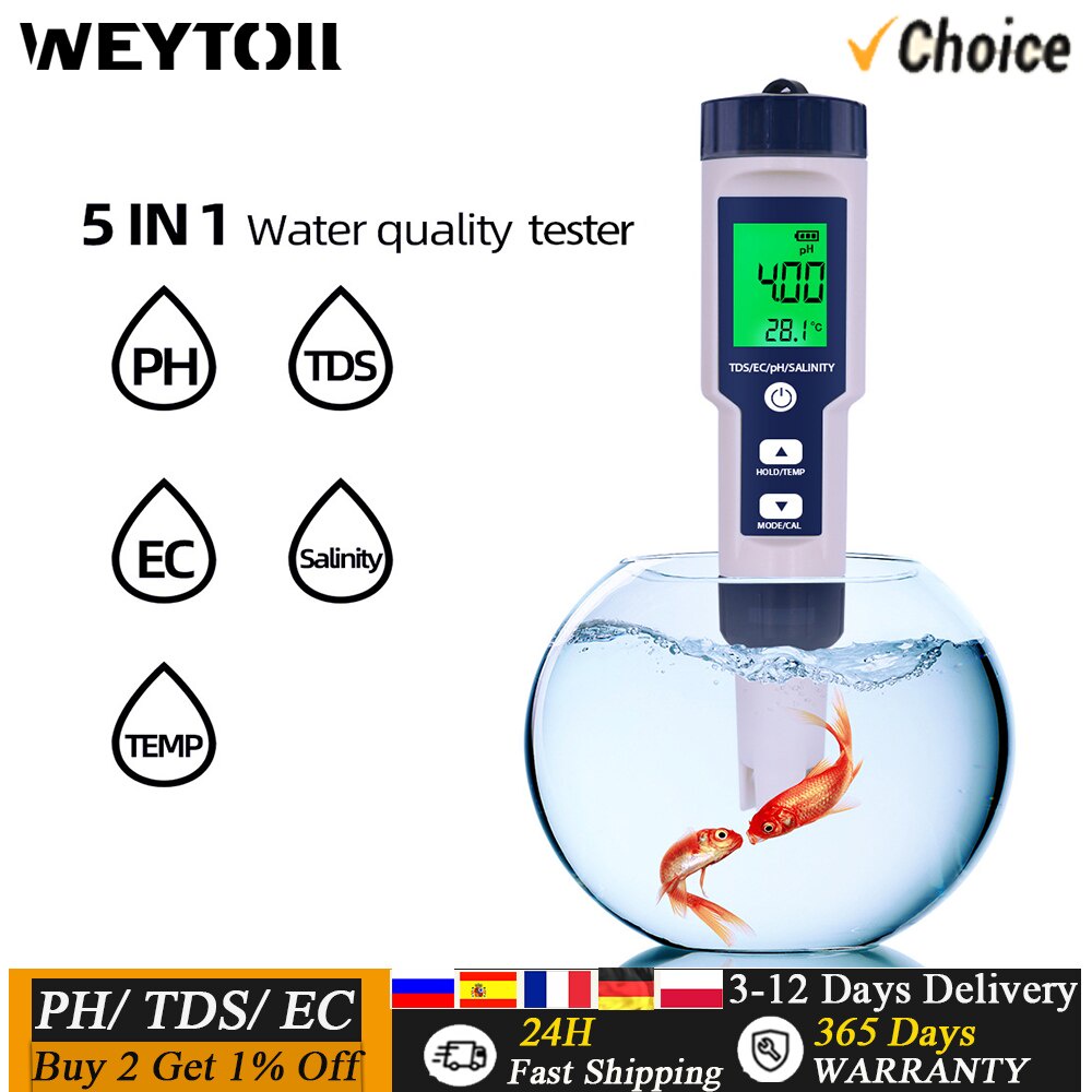 5 in 1 Water Quality Tester PH/ TDS/ EC/ Temperature/ Salinity Testing ...