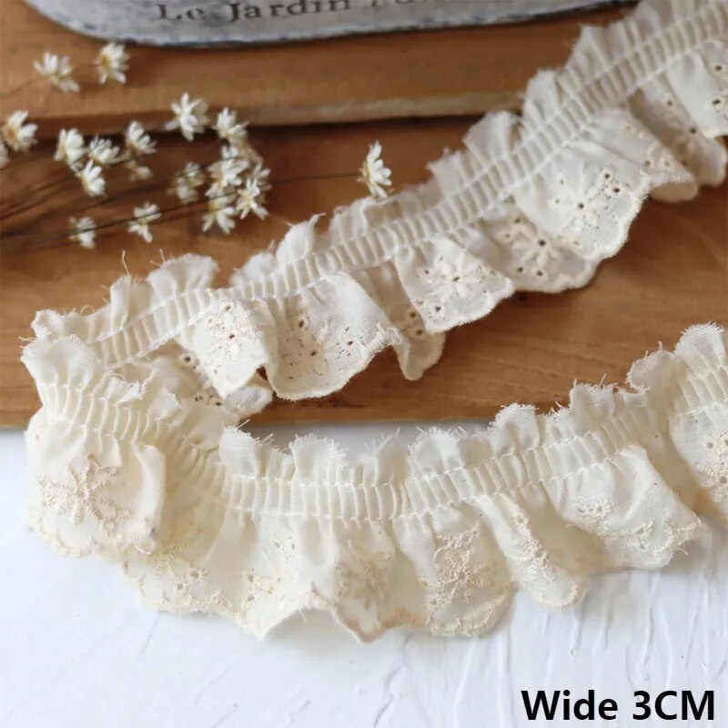 3CM Wide Beige Cotton Pleated Fabric Embroidered Lace Fringe Ribbon ...
