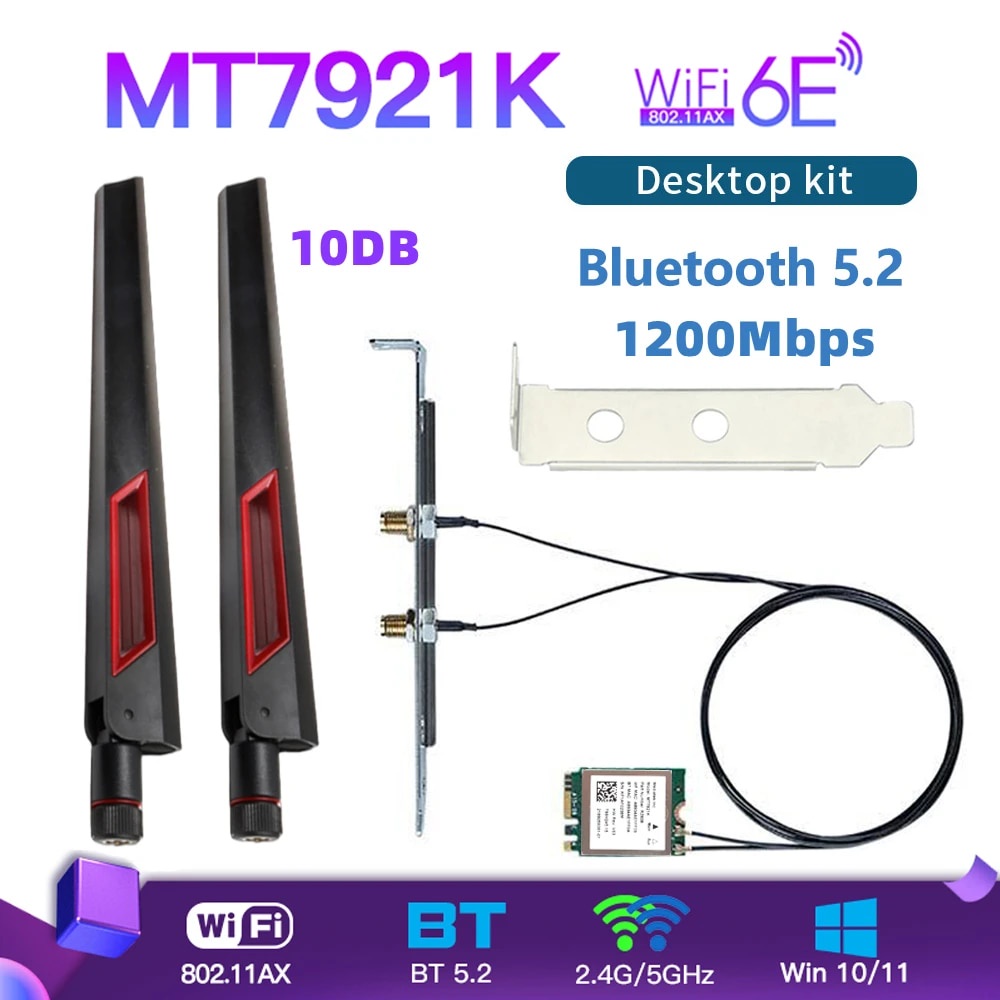 ☽Wi-Fi 6E Adapter MediaTek MT7921k 1800Mbps M.2NGFF Bluetooth 5.2 Dual ...