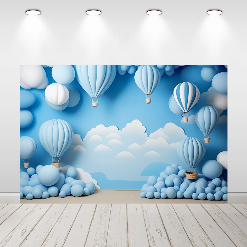 ┲Boy 1st Birthday Backdrop Hot Air Balloons Party Decor Banner Blue Sky