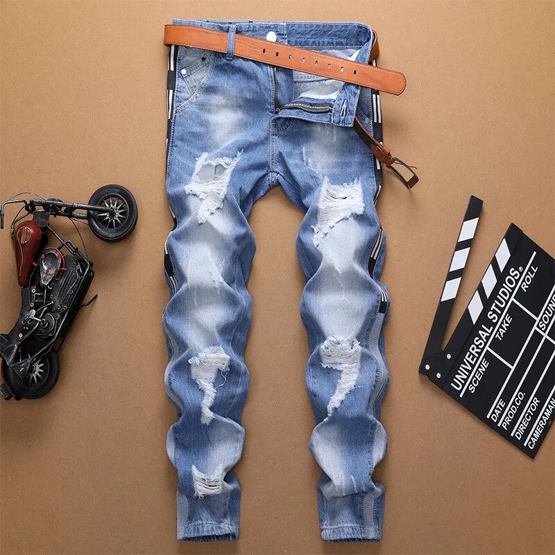 92o Sky Blue Jeans Men S Wear White Ripped Holes Slim Straight Pants Side Stripes Fashion Tren 