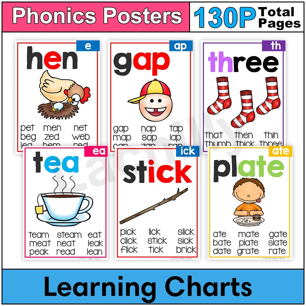 52g 130 P/SET Phonics Posters for Kid Learning English Long Vowel Word ...