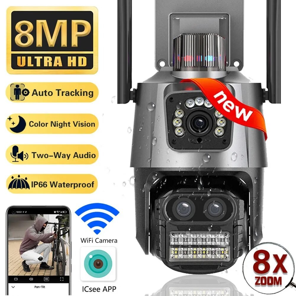 ♨8MP 4K HD WIFI IP Camera Three Lens Dual Screen PTZ Camera Auto ...