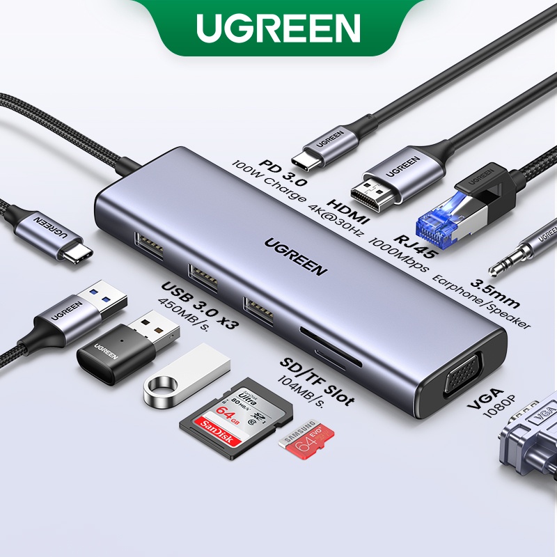 UGREEN USB Type C 10 In Hub USB-C to HDMI/VGA/Card Reader/RJ45