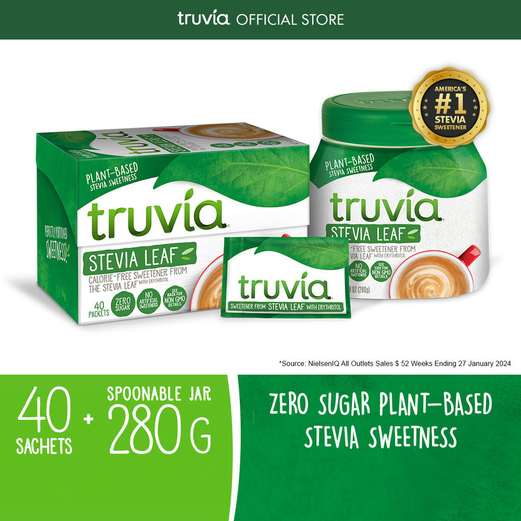 Truvia® Stevia Leaf Sweetener 280g Jar + 40 Sachets (80g), Zero