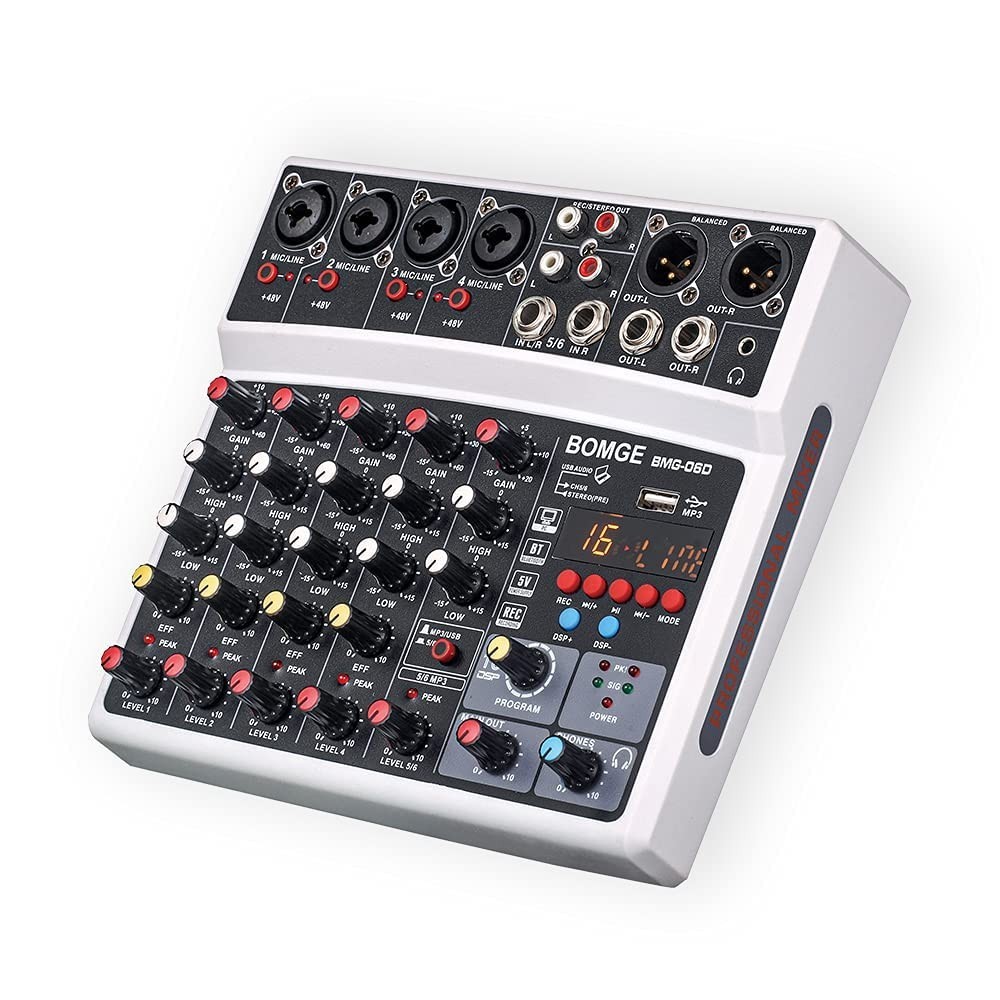 BOMGE 6 Channel DJ Audio Mixer, MP3 USB Bluetooth, 48V Phantom Power