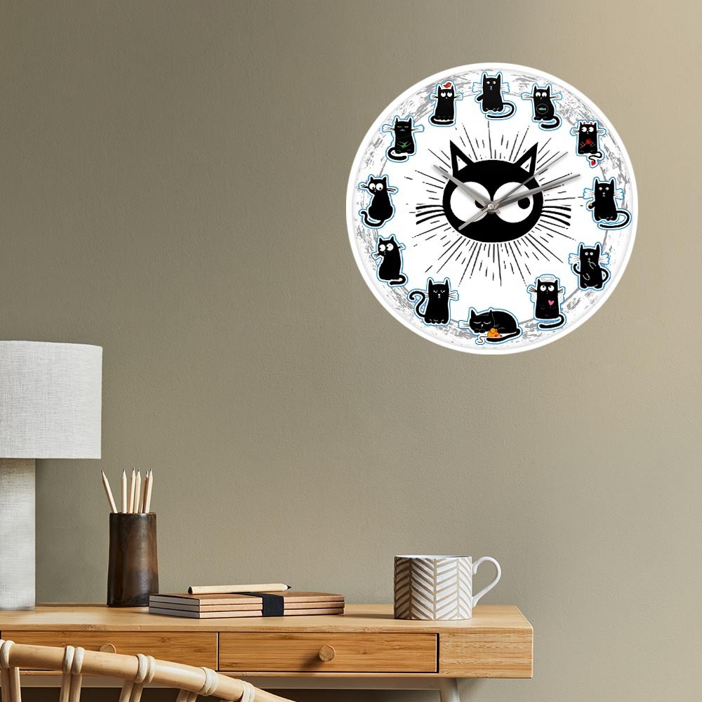 Black Cats Joy Style Wall Clock Kittens Wall Art Silent Clock Cartoon ...