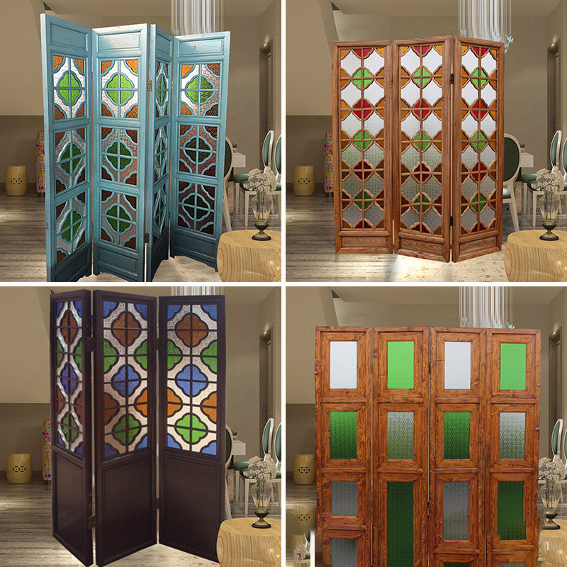 ⚜Chinese antique colored embossed glass Manchu window solid wood ...