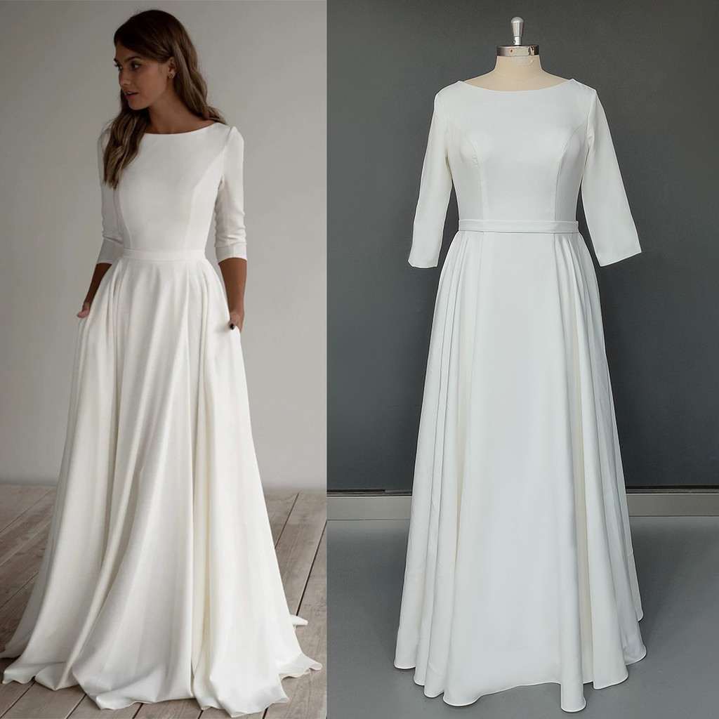 Black Satin Boat Neck Long Sleeves A-Line Long Wedding Guest Dress main image 1