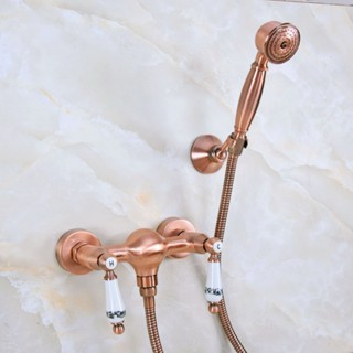 ⚔Antique Red Copper Wall Mount Bathtub Faucet with Handheld Shower Set ...