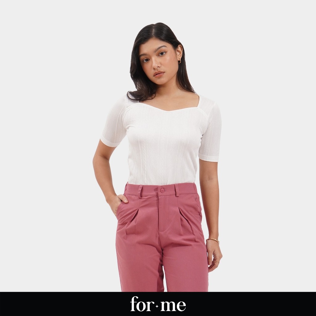 ForMe Cable Knit Sweetheart Neckline Tee T-Shirt for Women (Off White ...