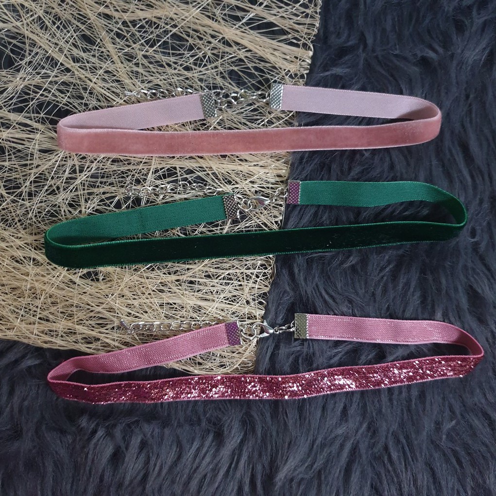 ☞MTO Plain 10mm Velvet Choker Army Green Baby Pink Glitter Gothic