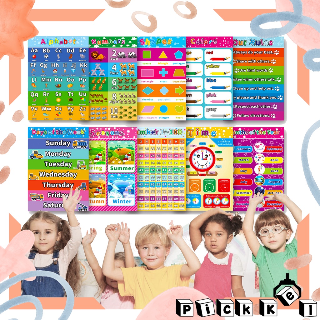10pcs Educational Chart Learning Poster Set for Preschoolers Toddlers