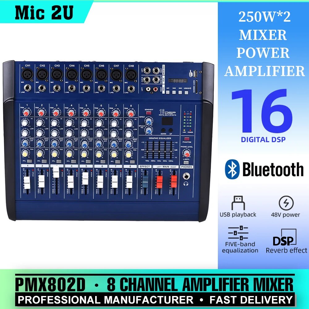 ☄8 Channel Powered Mixer Amplifier with 48V Phantom 250W*2 Power