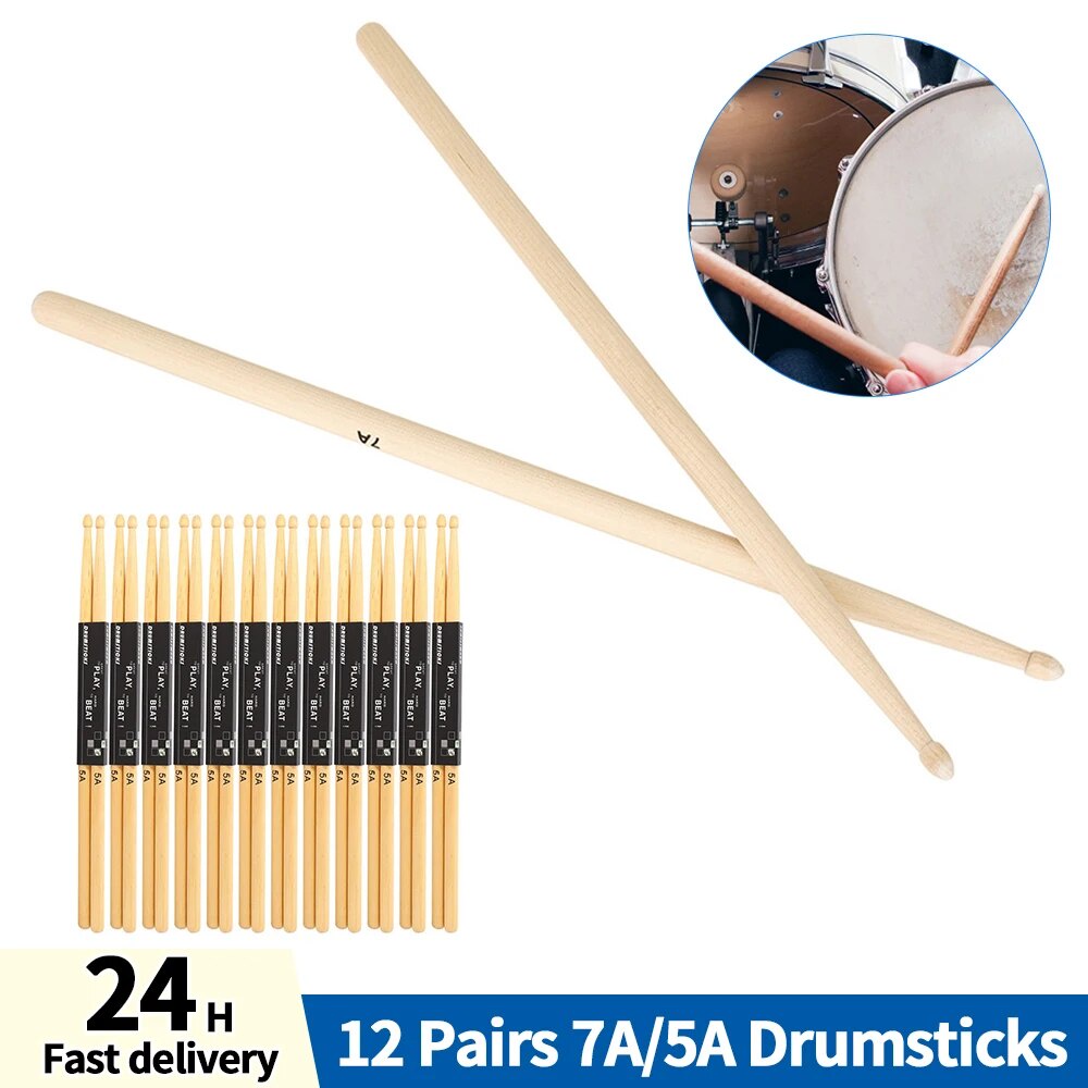 ┲12 Pairs 7A/5A Drumsticks Tambourine Stick Ovalshaped Tip