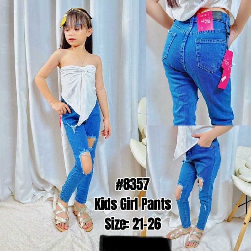 Kids Girls Ripped Jeans Elastic Waist Straight Leg Denim Pants