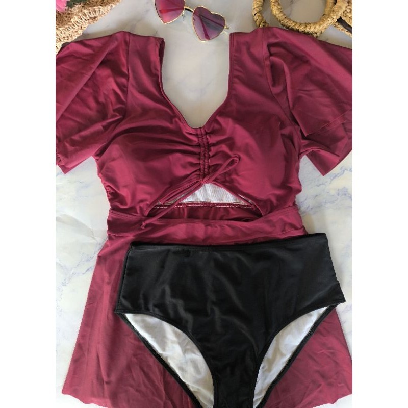 Plus Size 0XL Two Piece Maroon Ruched Cut-out Tankini Top and Black ...