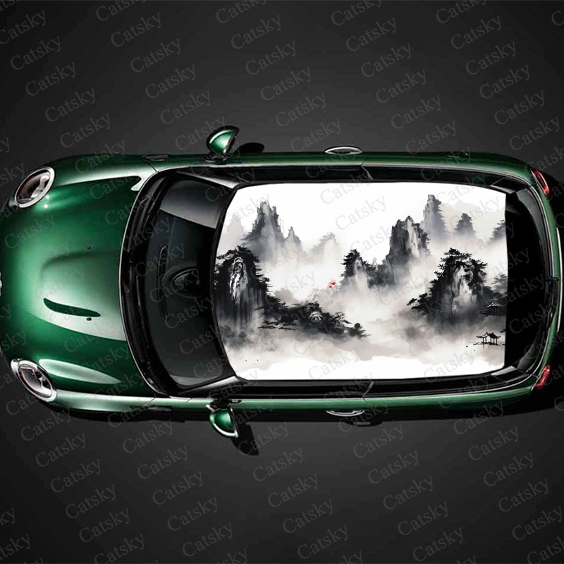 ☯Chinese Landscape Oil Painting Car Roof Sticker Wrap Racing SUV